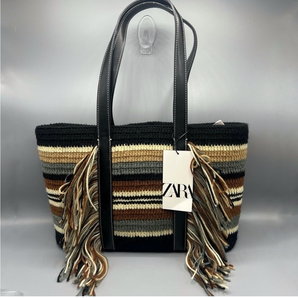 Zara limited edition stripped knit fringe shopper bag - Picture 3 of 7